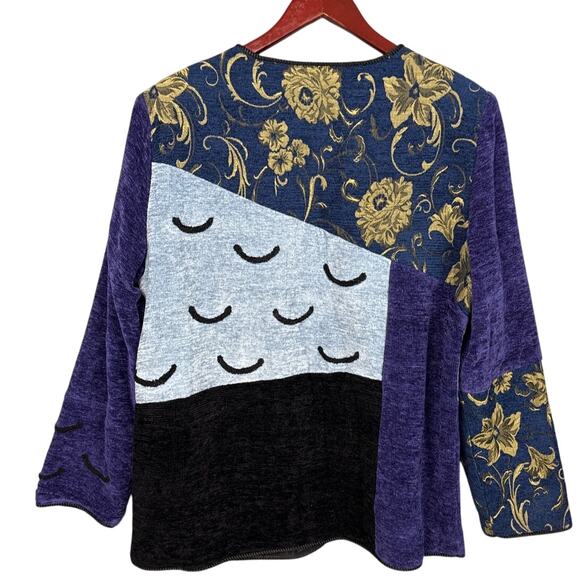 Vintage Tapestry Jacket Patchwork Wood Button Blue Jewel Tones SZM Indigo Moon - Picture 3 of 9